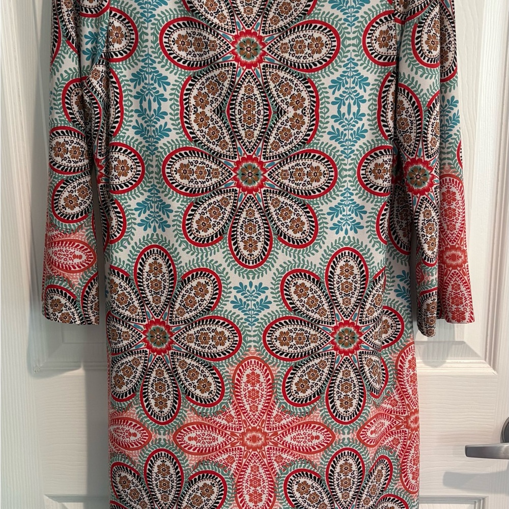 Maggy London Mint Green and Coral Floral Medallion Long Sleeve Dress